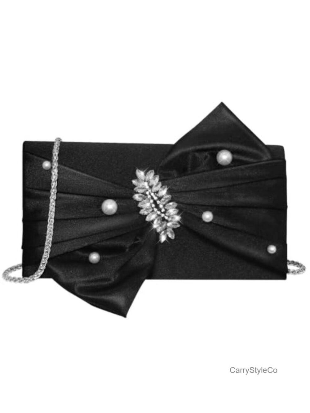 Pearl Satin Envelope Clutch Evening Bag with Bow & Crossbody Chain